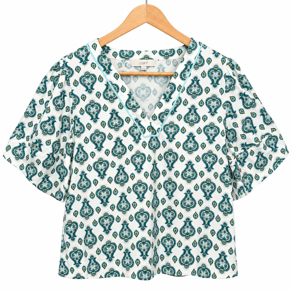Loft Top Womens Size XL White Green Floral Paisley Print Short Wide Sleeve NWT